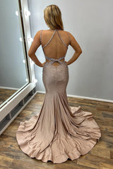 Gold Prom Dress Mermaid V-Neck Spaghetti Straps Long Formal Dress