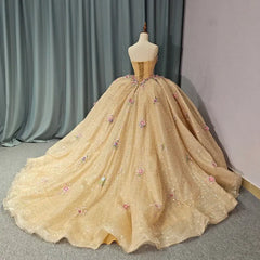 Gold Quinceanera Dress Ball Gown Shining Applique Strapless Sweet 16 Party Dress