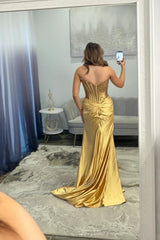 Gold Satin Corset Prom Dress Mermaid Beaded Long Formal Dress With Slit