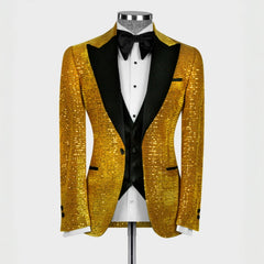 Gold Sequin Three Piece Peaked Lapel Prom Suit