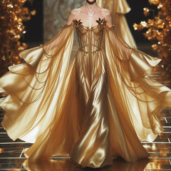 Gold Long Sleeve Formal Dress Corset Off the Shoulder Evening Gown with Chains