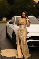 Gold Mermaid Prom Dress Beaded Strapless Formal Evening Dress with Slit