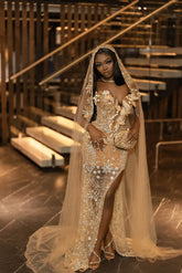 Gold Mermaid Prom Dress Beaded Sweetheart Tulle Formal Evening Dress with Slit and 3D Flowers