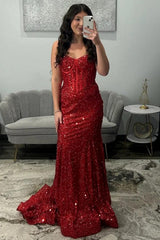 Champagne Sequins Prom Dress Corset Mermaid Spaghetti Straps Long Formal Dress