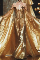 Gold Long Sleeve Formal Dress Corset Off the Shoulder Evening Gown with Chains