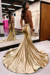 Golden Halter Neck Prom Dress Mermaid Evening Dress