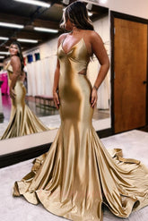 Golden Halter Neck Prom Dress Mermaid Evening Dress