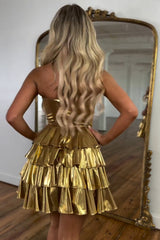 Golden Homecoming Dress A Line Corset Short Prom Dress With Ruffles