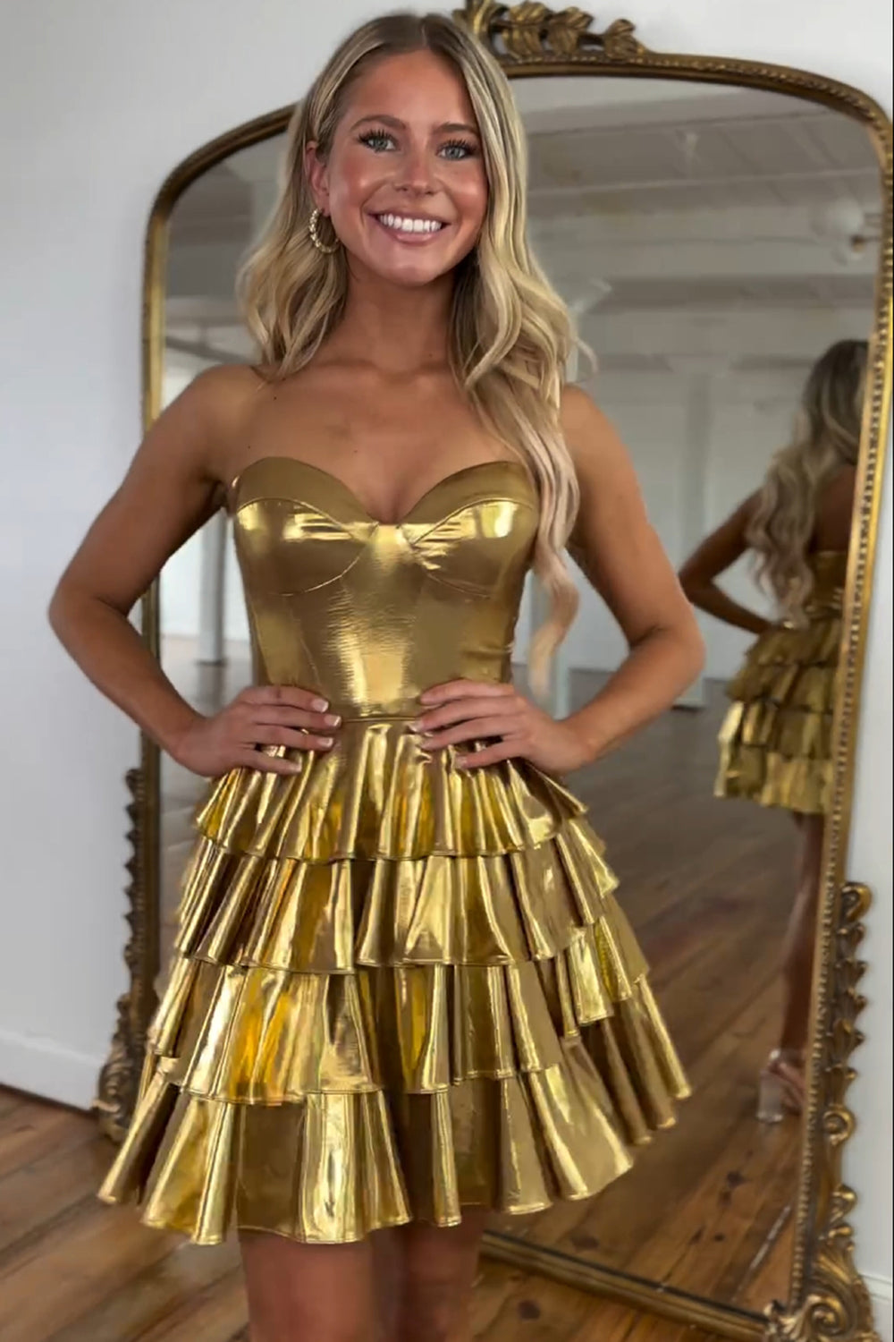 Golden Homecoming Dress A Line Corset Short Prom Dress With Ruffles