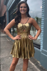 Golden Homecoming Dress A Line Halter Short Prom Dress