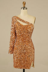 Golden Homecoming Dress Cut Out Open Back One Shoulder Sequin Cocktail Party Dresses