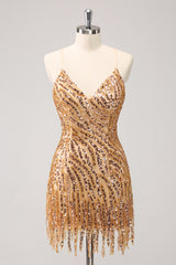 Golden Homecoming Dress Sequined Spaghetti Straps Tight Short Prom Dress With Fringes