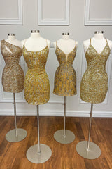 Golden Homecoming Dress Spaghetti Straps Tight Short Sequin Prom Dress