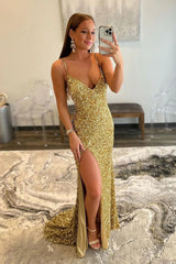 Golden Mermaid Sequin Prom Dress with Slit