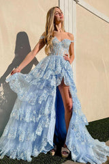 Black Off The Shoulder Tiered Lace Prom Dress with Slit