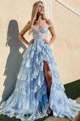 Black Off The Shoulder Tiered Lace Prom Dress with Slit