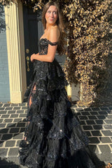 Black Off The Shoulder Tiered Lace Prom Dress with Slit
