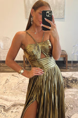 Golden Prom Dress A Line Backless Long Evening Dress With Slit