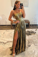 Golden Prom Dress A Line Backless Long Evening Dress With Slit