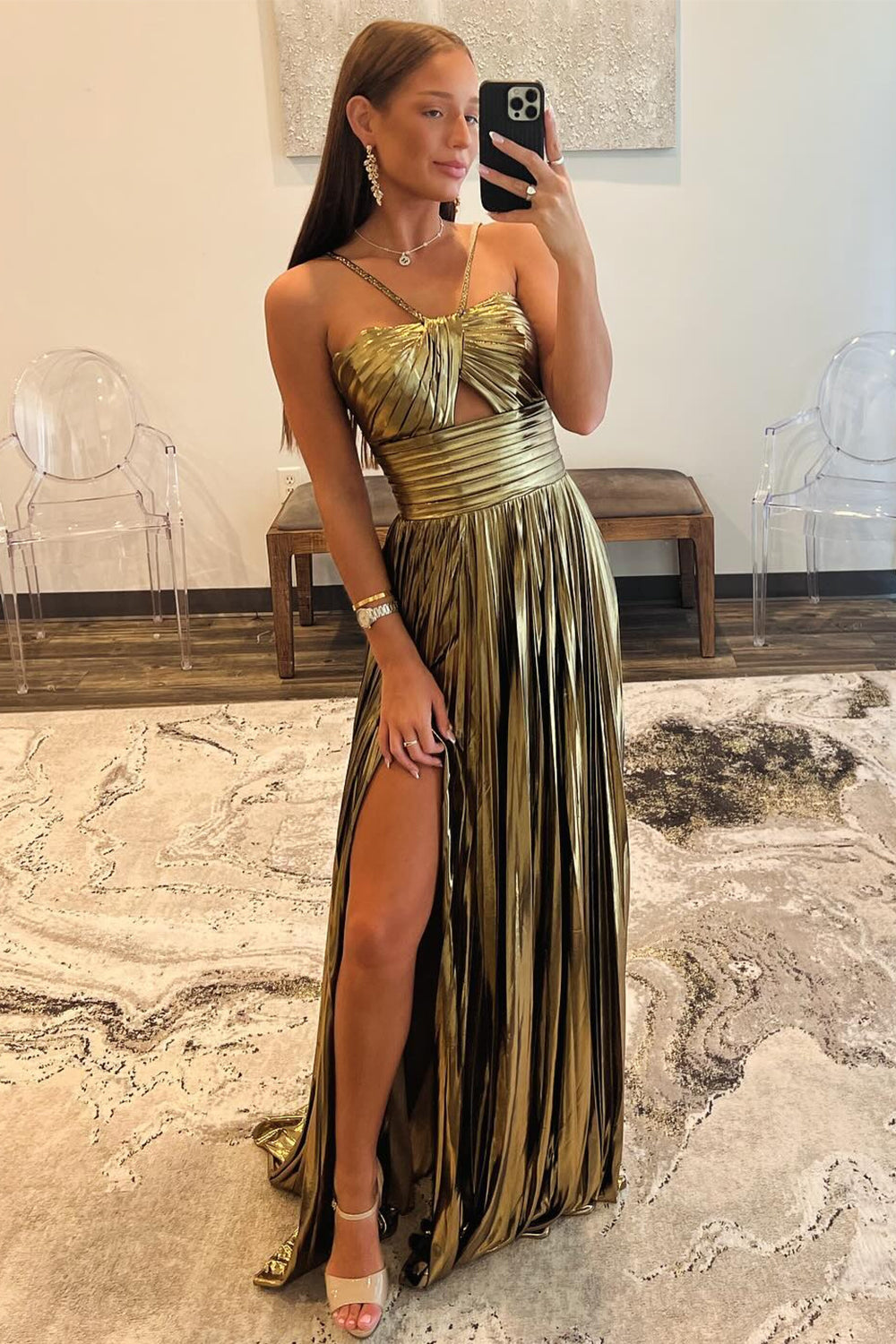 Golden Prom Dress A Line Backless Long Evening Dress With Slit