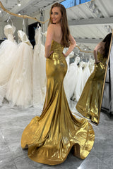 Golden Prom Dress Mermaid Strapless Long Evening Dress With Slit