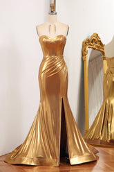 Golden Prom Dress Mermaid Strapless Long Evening Dress With Slit