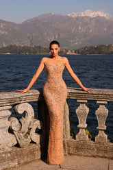 Golden Prom Dress Strapless Beaded Sheath/Column Prom Evening Gown