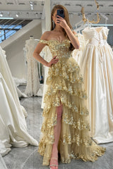 Golden Tiered A Line Long Prom Dress with Lace