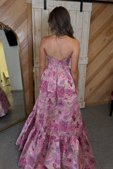 Gorgeous A Line Sweetheart Pink Corset Prom Dress With Printed Formal Evening Gown