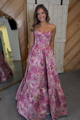 Gorgeous A Line Sweetheart Pink Corset Prom Dress With Printed Formal Evening Gown