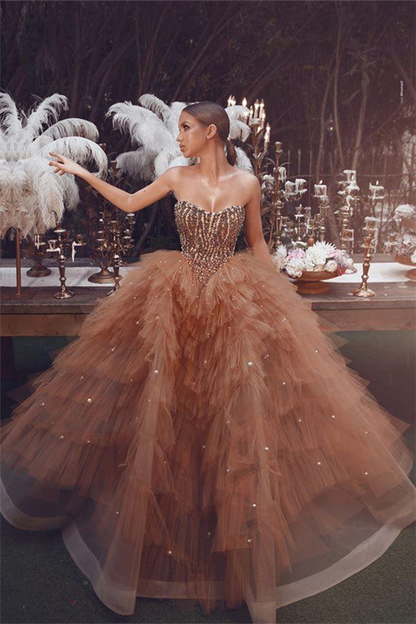 Gorgeous A Line Tube Top Beading Prom Dress With Pearls Sleeveless Brown Princess Evening Gowns
