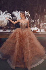 Gorgeous A Line Tube Top Beading Prom Dress With Pearls Sleeveless Brown Princess Evening Gowns