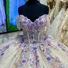 Gorgeous Ball Gown Off Shoulder Beaded Floral Lace Appliques Princess Birthday Party Gown Quinceanera Dress For Sweet 16