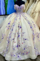 Gorgeous Ball Gown Off Shoulder Beaded Floral Lace Appliques Princess Birthday Party Gown Quinceanera Dress For Sweet 16
