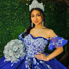 Gorgeous Ball Gown Off Shoulder Floral Lace Appliques Beaded Royal Blue Tulle Quinceanera Dress Princess Evening Party For Sweet 16