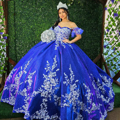 Gorgeous Ball Gown Off Shoulder Floral Lace Appliques Beaded Royal Blue Tulle Quinceanera Dress Princess Evening Party For Sweet 16