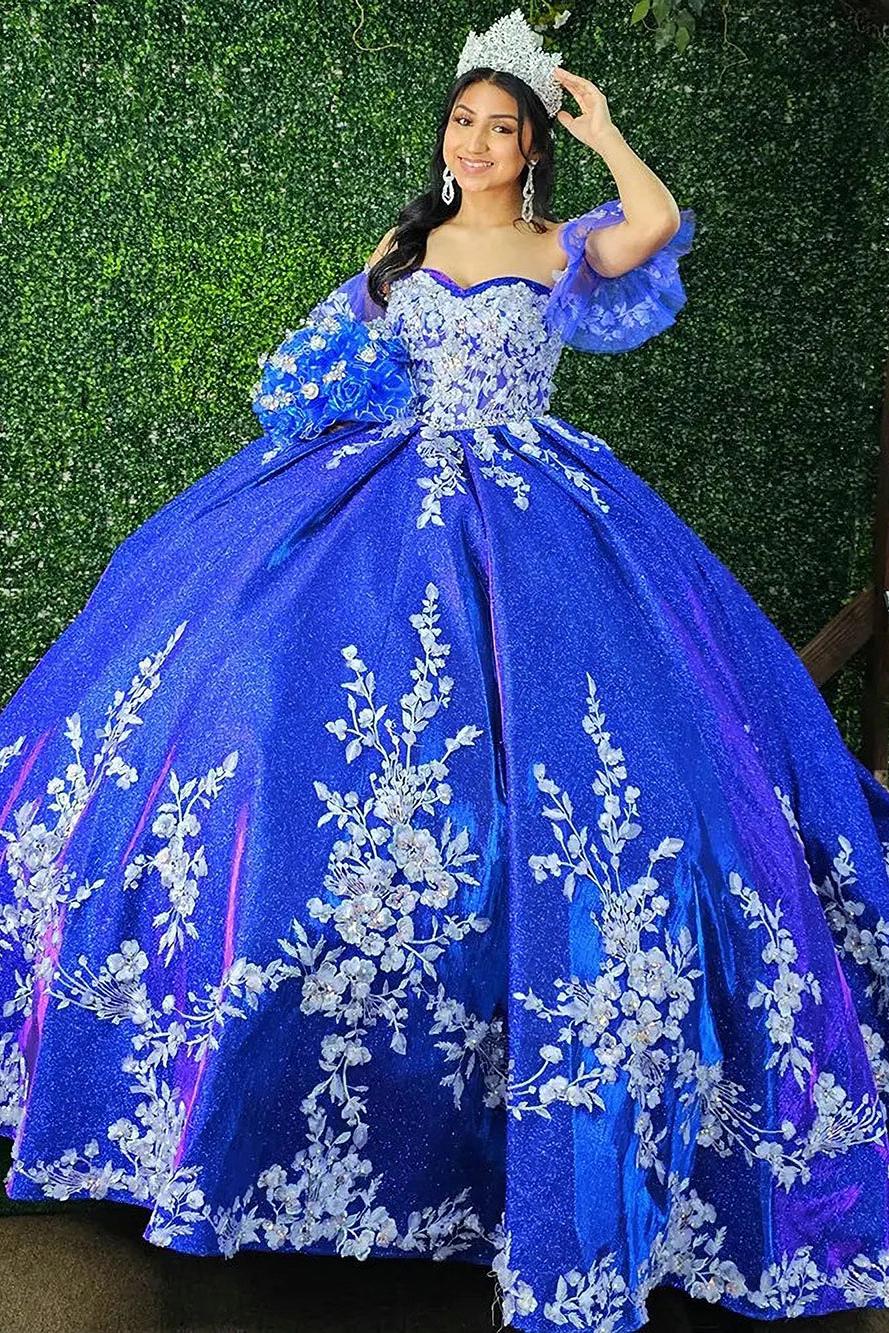Gorgeous Ball Gown Off Shoulder Floral Lace Appliques Beaded Royal Blue Tulle Quinceanera Dress Princess Evening Party For Sweet 16
