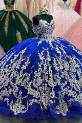 Gorgeous Ball Gown Off Shoulder Lace Appliques Beaded Royal Blue Tulle Princess Quinceanera Dress Formal Prom Party Gown For Sweet 16 Dress