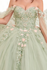 Gorgeous Ball Gown Off Shoulder Sleeveless 3D Flower Appliques Lace Up Light Green Tulle Quinceanera Dress Birthday Party Gown For Sweet 16