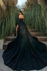 Gorgeous Black Prom Dress Off The Shoulder Holiday Dress Lace With Slit