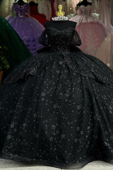 Gorgeous & Classic Ball Gown Off Shoulder Flowers Appliques Beaded Bow Knot Tiered Black Tulle Quinceanera Dress For Sweet 16