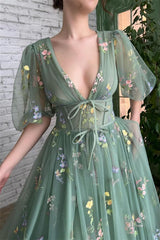 Gorgeous Deep V Neck Evening Dress Half Sleeves with Embroidery Flowers and Tulle
