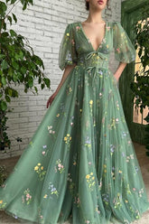 Gorgeous Deep V Neck Evening Dress Half Sleeves with Embroidery Flowers and Tulle