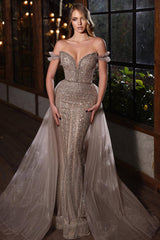 Gorgeous Grey Mermaid Evening Dress Evening Dress Off the Shoulder V Neck with Sequins