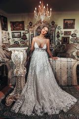 Gorgeous Long A Line V Neck Wedding Dress with 3D Floral Lace