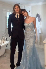 Gorgeous Mermaid Spaghetti Straps Grey Blue Long Prom Dress With Appliques Formal Evening Gown