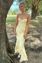 Gorgeous Mermaid Spaghetti Straps Yellow Long Prom Dress With Embroidery Formal Evening Gown