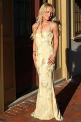 Gorgeous Mermaid Spaghetti Straps Yellow Long Prom Dress With Embroidery Formal Evening Gown