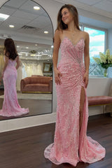 Gorgeous Mermaid Sweetheart Pink Long Prom Dress With Split Front Appliques Formal Evening Gown