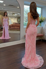 Gorgeous Mermaid Sweetheart Pink Long Prom Dress With Split Front Appliques Formal Evening Gown